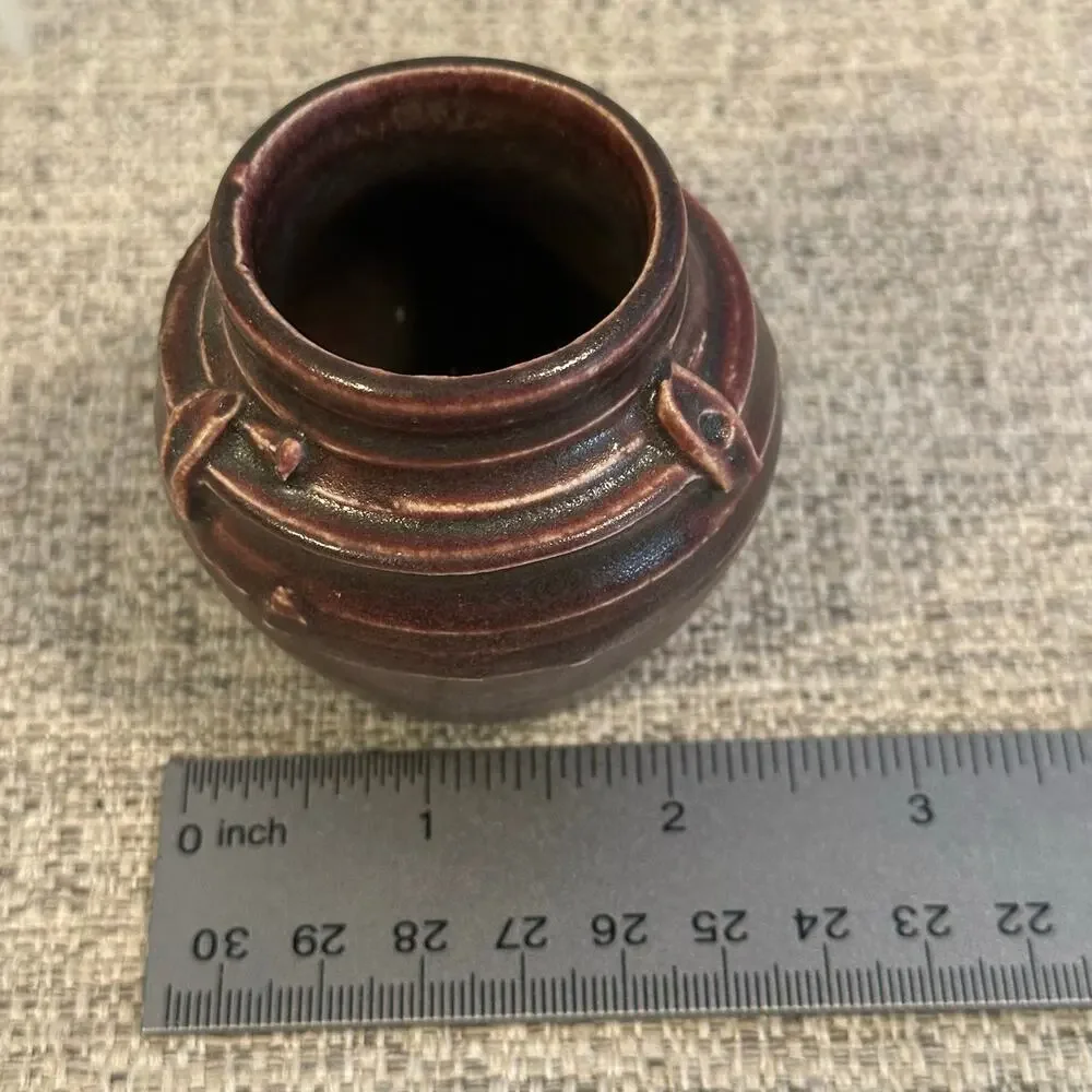 Signed Studio Pottery Mini Bud Vase w/ Builtin Flower Frog Sig on (illegible)